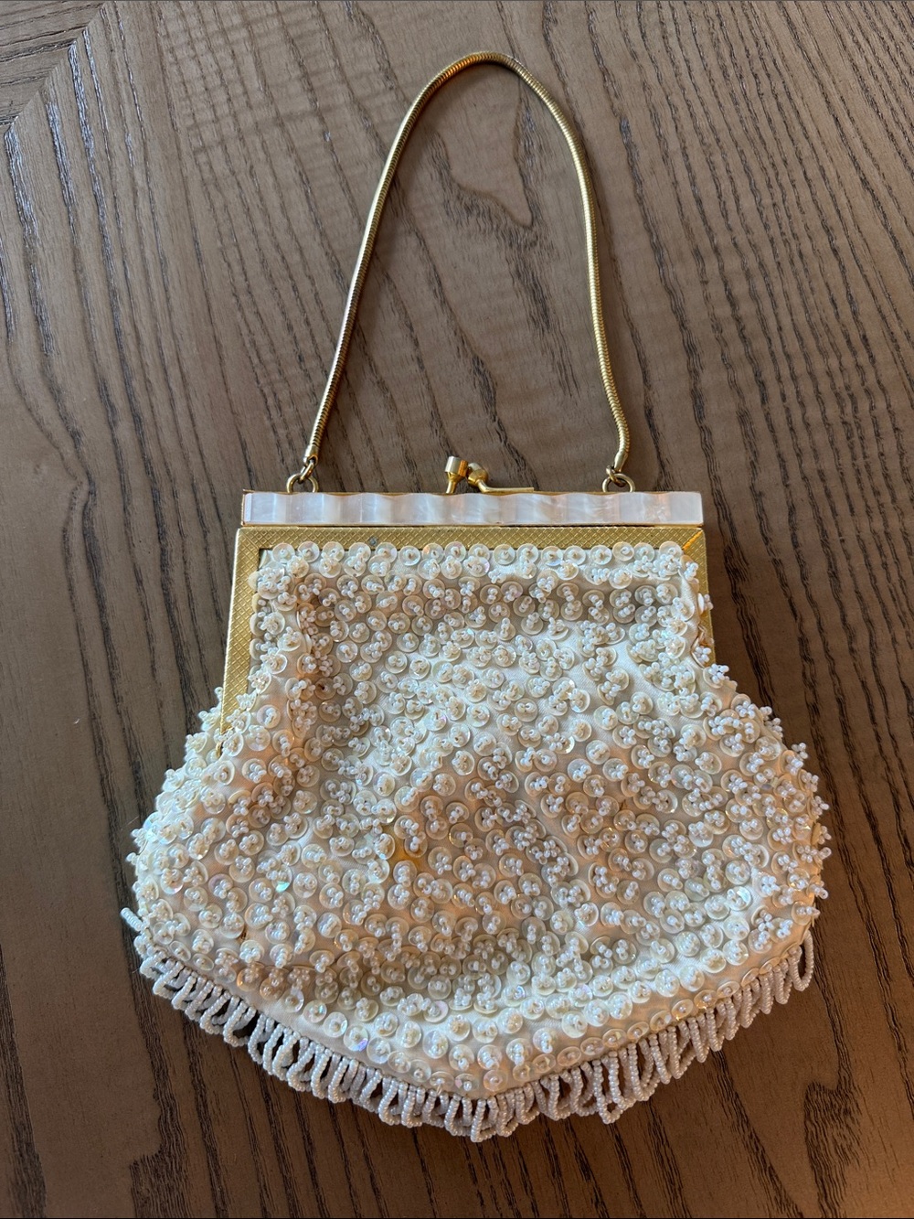 Vintage Elegant Ivory Beaded Evening Bag with Gold and mother of pearl Frame